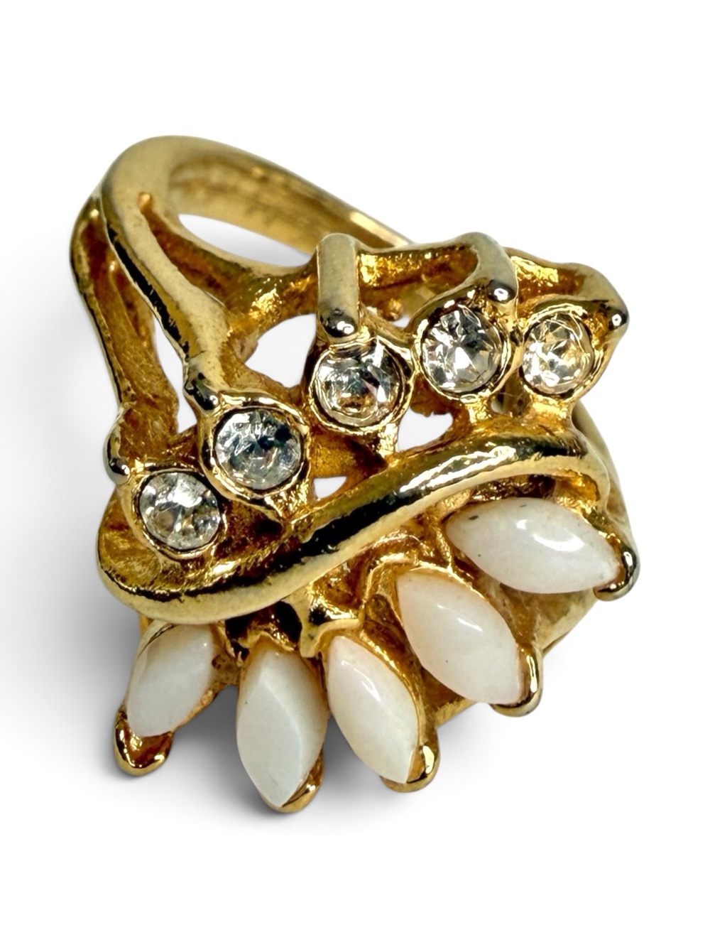 Vintage Uncas Stamped Faux Opal & Rhinestone Cocktail Ring – Size 5